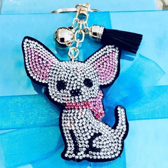 CHIHUAHUA KEYCHAIN SILVER AND PINK RHINESTONES DOG LOVERS - Picture 6 of 6